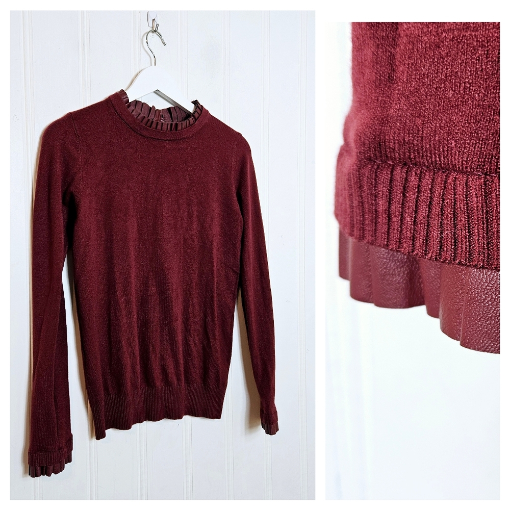 Siani Milano Sweater Womens Size XS Burgundy Faux Leather Trim Demure